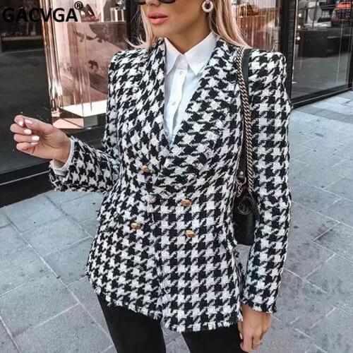 GACVGA 2021 Tweed Blazer Fashion Office Ladies Black Tassel Houndstooth Jackets Female Autumn Vintage Thick Plaid Coat Girl Chic