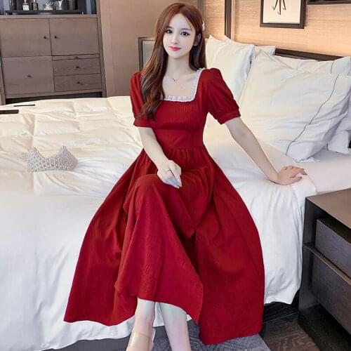 Casual Lace Square Collar Puff sleeve Midi Sweet Dress Woman High Waist Loose Solid Dress 2021 Summer woman dress red