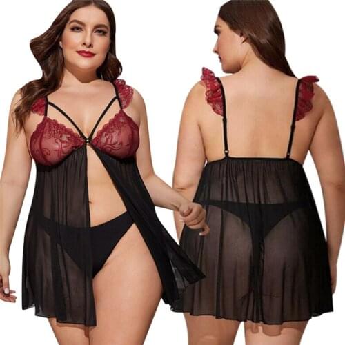 Women Sexy Lingerie, Suspender Dress Deep V-neck Lace Decoration Color Block Open Front Summer Pajamas
