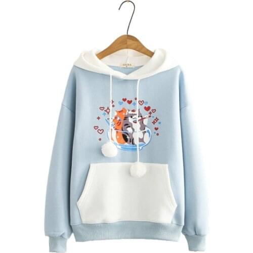 Winter Women Fleece Hoodies Sweatshirts Casual Long Sleeve Pocket Tracksuits Female Cartoon Cat Printed Hooded Pullover Moletom