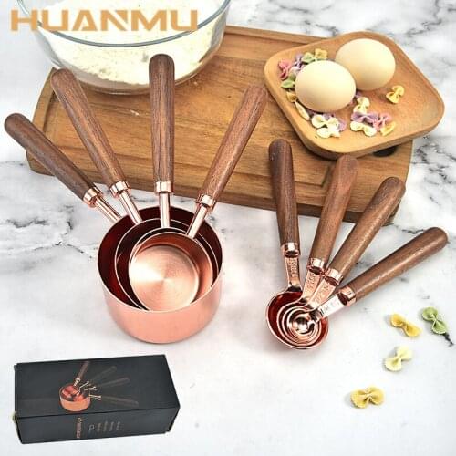 4Pcs/Set Measuring Cups and Spoons Sets for Kitchen Seasoning Coffee Cooking Accessories Wooden Handle Measure Spoon Baking Tool