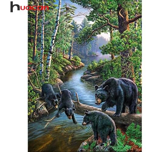Huacan Diamond Embroidery Mosaic Bear River Scenery Full Square/round Diamond Painting Animal Forest Landscape Sticker Decor