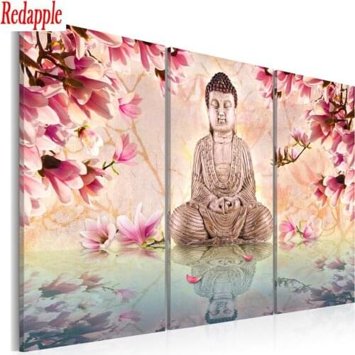 5D DIY Diamond Painting Full Square round Magnolia Buddha zen religion Rhinestones Pictures Diamond Embroidery Mosaic 3 pcs set
