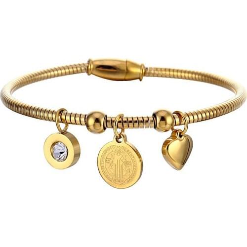 Religious San Benito Medal Cross Bracelet Bangle Gold Heart Stainless Steel CZ Stone Magnet Wire Bangles for Women Men Jewelry