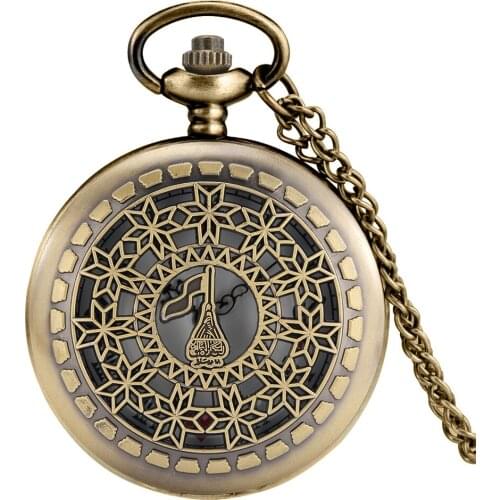 Bronze Hollow Flowers Poker Dial Pattern Quartz Pocket Watch Retro Necklace Chain FOB Clock Pendant Unisex Gifts for Men Women