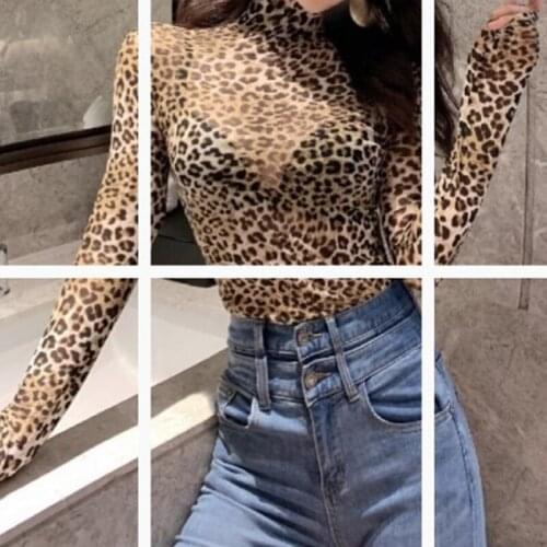 BKLD Mesh Sheer Yellow Leopard Print Female T-shirt Round Neck Long Sleeve Sexy Trendy Tops Women 2020 Spring New Style Clothing