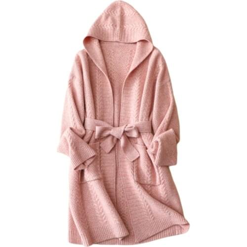 100%cashmere knit women hooded sashes long cardigans sweaters coat thick autumn winter one&over size