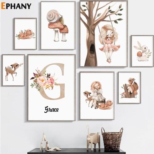 Nursery Watercolor Woodland Animal Wall Art Cartoon Deer Rabbit Squirrel Painting Pictures Girl Room Canvas Poster and Print