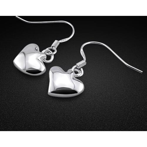 Classic Womens 925 Silver Earrings Glossy Heart Pendant Earrings Original Silver Party Accessories Charm Jewelry Gifts