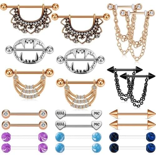 14g Nipple Rings Nipplerings Piercing Women Dangle Chain Stainless Steel Straight Horseshoe Barbell Nipple Bar Tongue Rings