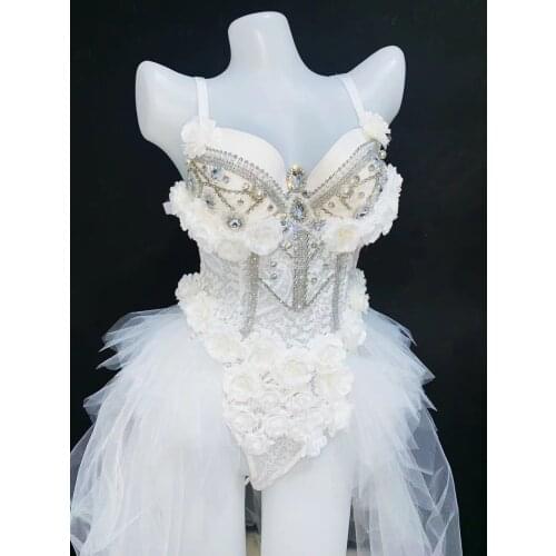 Fashion Sexy White Lace Rhinestone Bodysuit female singer DJ DS dance Wear stage costume Leotard nightclub show