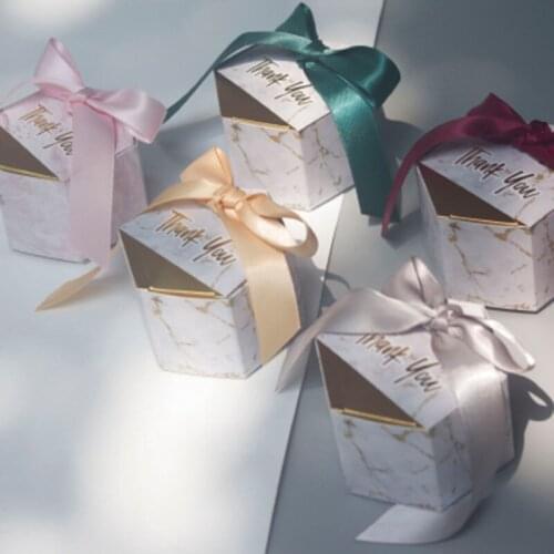 Marble Hexagonal Thank You Candy Box Wedding Favors Birthday Baby Shower Party Decoration Paper Gift Packaging Box with Ribbons
