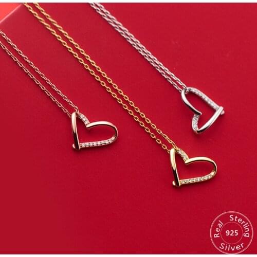 New Design 925 Silver Hollow Zircon Crystal Heart Shape Temperament Necklace Love Heart Pendant Necklaces 45cm