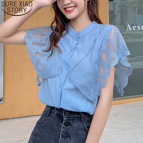 Korean Solid Lace Shirts Women Short Sleeve White Blue Blouses Women Plus Size Tops Summer 2021 New Fashion Cardigan Shirt 10222