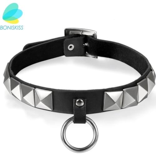 Boniskiss Collar Punk Square Gothic Goth Choker Harajuku Black Leather Neck Buckle Rhombus Rivet Jewelry Necklaces For Women