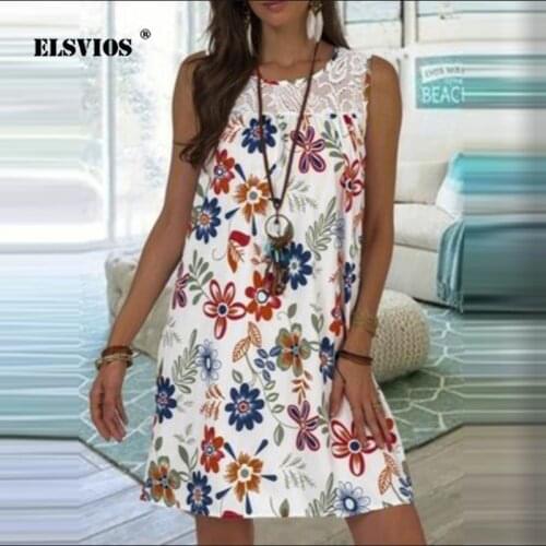 Sexy Lace O-Neck Sleeveless Dress 2021 Summer New Lady Casual Loose Floral Print Vest Vestidos Women Fashion Mini Beach Dresses