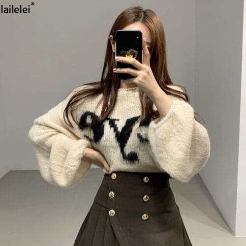 Loose round neck letter print pullover 2021 autumn and winter Korean womens knitted long-sleeved sweater