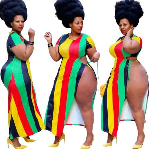 Plus Size Obese Womens 4XL Contrast Printing Sexy Strap Split Dress Summer Beach Holidayasymmetrical Long Dress Wholesale Lots