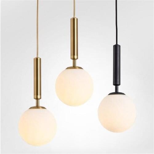 Modern Nordic Milk White Glass Ball Led Pendant Light for Bedside Foyer Dining Room Bar Glass Metal Suspension Lamp 15/20/25cm