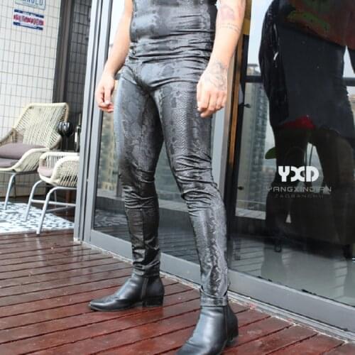 Men Navy Middle Waist Leather Pants Blue Leggings Mens Sexy Wild Snake Print Jeans Pencil Pants Elastic Trousers Club Bar Singer