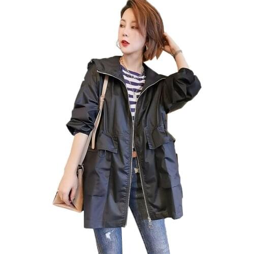 Womens Jacket Autumn 2021 New Korean Loose Hooded Windbreaker Female Outerwear Casual Pocket Zipper Jackets Tops Plus Size 3XL