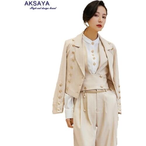 AKSAYA Women Three Piece Set Neutral Handsome Suit Brithish Vintage Style Pantsuit Popular Elegant Outfits Blouse Short Suits