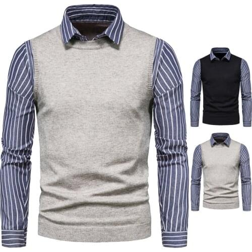 Sweater Vests+Stripe Shirts 1 Piece Pullovers Good Quality Men Slim Fit Casual Sweaters New Male Cotton Sweaters Size XXL