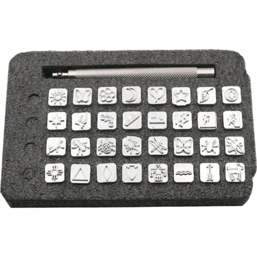 32 Pieces Leathercarft Stamping Tool Set, Steel Making Stamps Punch Tool 10mm + 1 Stamping Handle for Leather Craft DIY