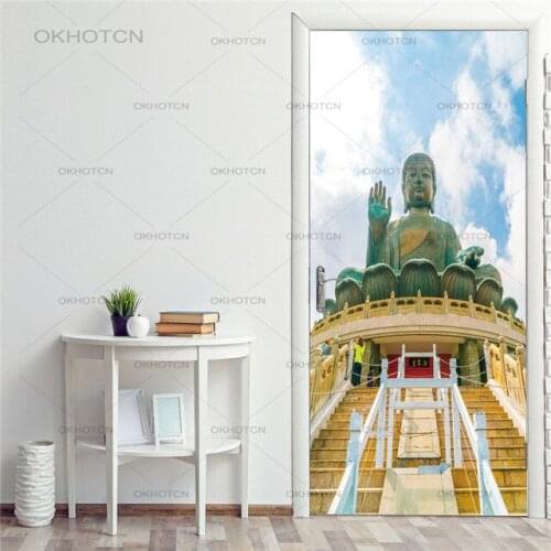 3D Door Stickers Respected Buddha With Pretty Orchid Door Wall Stickers Bedroom Home Decor Poster PVC Waterproof Wallpaper Mural