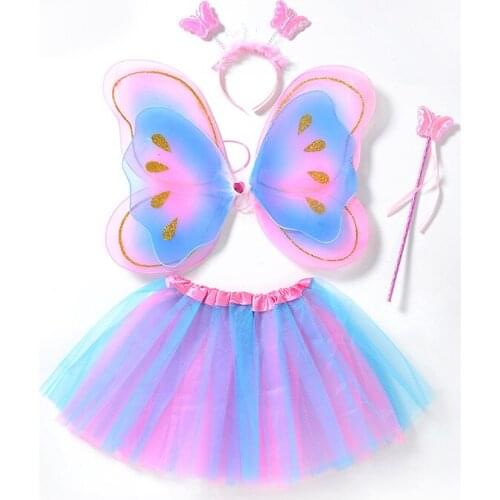4PCS 2019 New Year Christmas Costume for Girls Mesh Princess Cosplay Tutu Skirts Kids Xmas Party Costume with Headband Wing Set