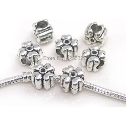 Free shipping 50pcs 11x11x8.3mm antique silver plated alloy four heart leaves big hole beads fit European bracelet Jewelry DIY