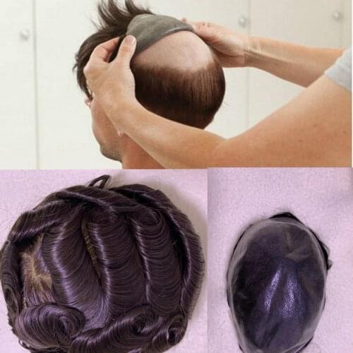 BYMC Non-surgical Men Hair System 0.08-0.1mm V Loop Thin Skin Toupee Hair Replacement System Straight Hair Mens Wigs