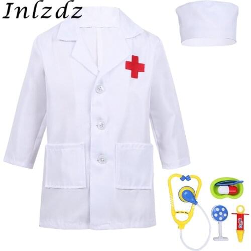 Kids Boys Girls Doctor Outfit Cosplay Party Costume Long Sleeves Coat with Cap Doctor Play Tools Set for Halloween Dress Up