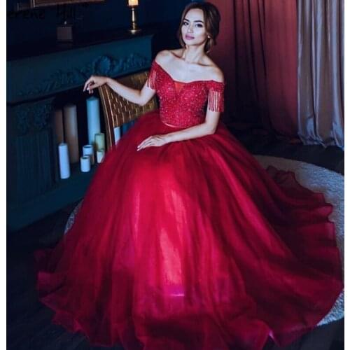 Red Crystal Tassel Beading Sexy Evening Dresses Party 2020 Ball Gown Lace Up Long Formal Dress Design Serene Hill BLA70467
