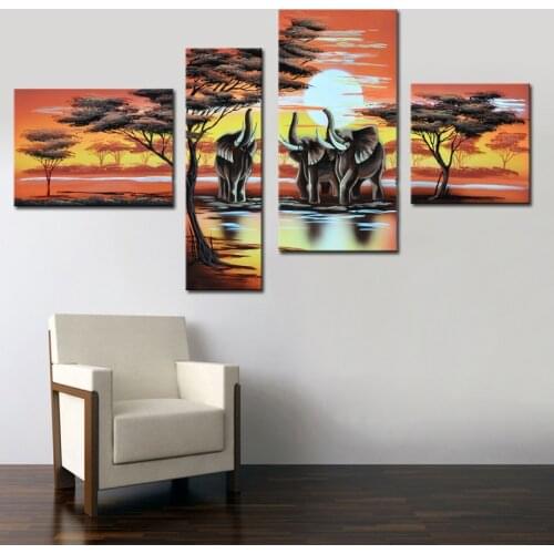 Handmade Home Decor Canvas Oil Painting African Art Elephant Life Hand Painted Canvas Painting Modern Decorative Picture 4 Piece