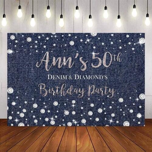 Happy 50th Birthday party denim and diamonds backdrop sliver glitter doamond background for photo booth studio