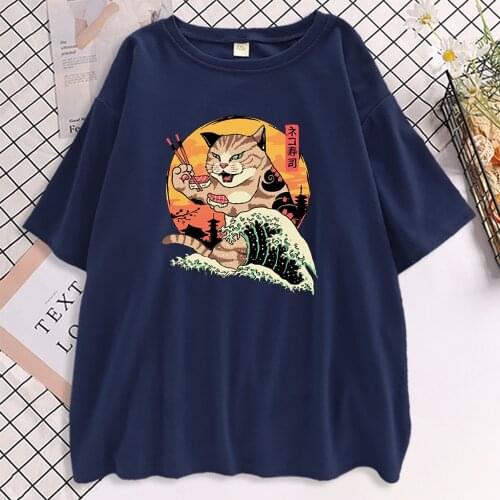 Ukiyo-E Surf Sushi Cat T Shirt For Men Harajuku Casual T-Shirt Summer Kawaii Pink Tee Shirts 2021 Street Trendy Womens T Shirt