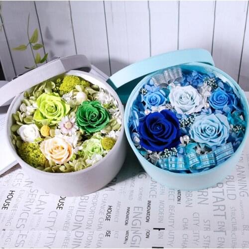 Blue/Green Mixed Preserved Fresh Flowers with Round 20.5cm Box For Wedding Party Birthday Valentines Day Gift Favors