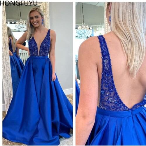 HONGFUYU Royal Blue Satin Evening Dresses Sleeveless Illusion Deep V-neck Prom Dress Beading Zipper Formal Dresses Party Gowns