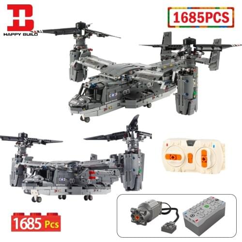 Happy Build WW2 Military Technical Electric Osprey Fighter Aircraft Building Block City Weapon Airplane Bricks Toys for Children