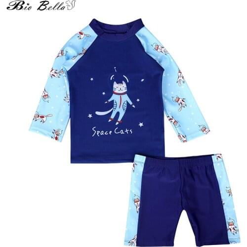 Children Boy Swimsuit Cartoon 2 Pieces Swim Suits Sunblock Beach Costume Tops With Cap Kids Boys Swimwear 2-7Y