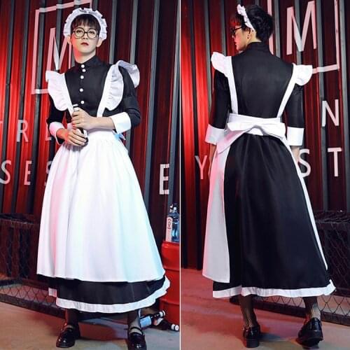 Punk Ouji OTAKU Pinafore Maid Costume Victorian Black White Cosplay Kodona Outfit Maxi Dress Halloween For Adult Men Women 3XL