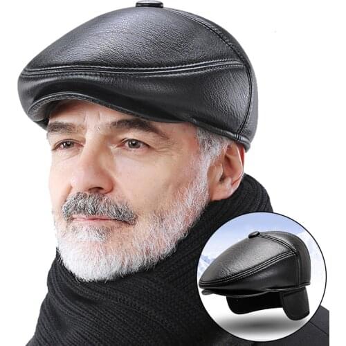 Leather Newsboy Cap Men Peaked Cap Winter Autumn Warm Flat Caps For Man Middle-Aged and Elderly Hats With Earflaps Dad Hat