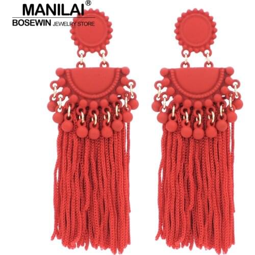 MANILAI 7 Colors Bohemia Polyester Tassels Earrings For Women Big Alloy Long Fringed Dangle Earrings Statement Jewelry Brincos