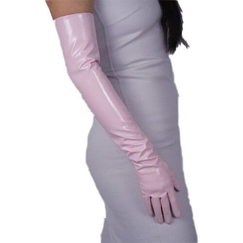 Fashion Lady Patent Leather Long Gloves Extra Long Elbow PU Simulation Leather Bright Leather Mirror Light Pink 60cm T09