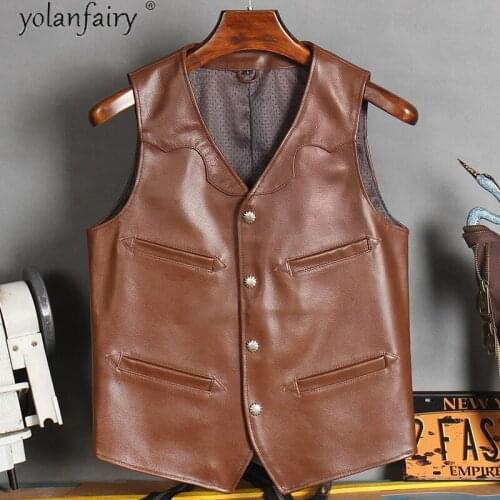 Genuine Cow Leather Jacket Men Vests 100% Cowhide Leather Coats Vintage Biker Leather Vest Short Motorcycle Jackets 2009-11 KJ