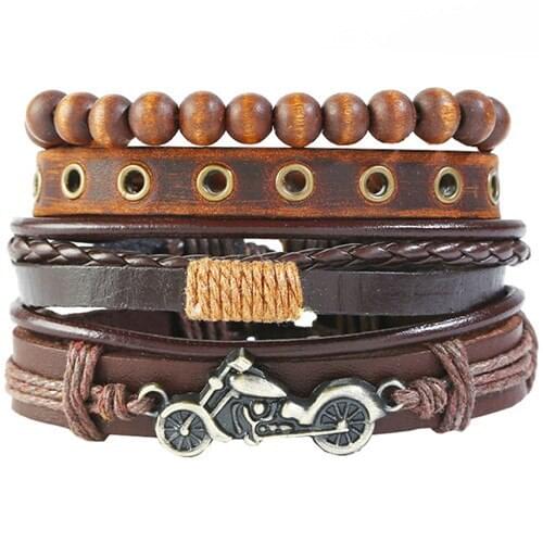 Motorcycle Evil Eye Love Fashion Rivet Woven Blue Beads Strand Men Brown Leather Men Bracelets For Women Homme Male Jewelry