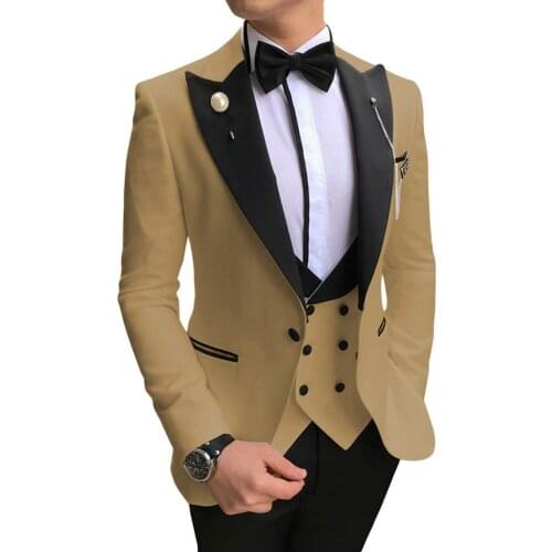 One Button Men Suits Champagne and Black Groom Tuxedos Peak Lapel Groomsmen Wedding 3 Pieces ( Jacket+Pants+Vest+Tie ) D246