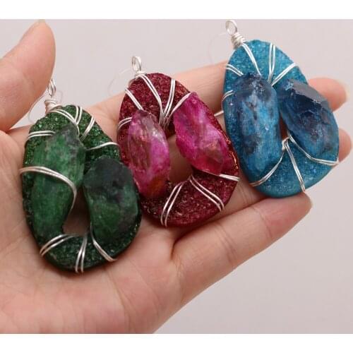 Natural Gem Egg-shaped Crystal Bud Winding Silver Wire Pendant Handmade DIY Retro Necklace Sweater Chain Jewelry Accessories