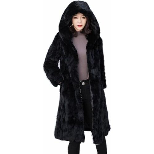 New Womens Long Fur Coat true Rex rabbit Fur Hooded Long Sleeve Fur Jacket Korean Winter Thicken Womens Warm Overcoat Plus Size